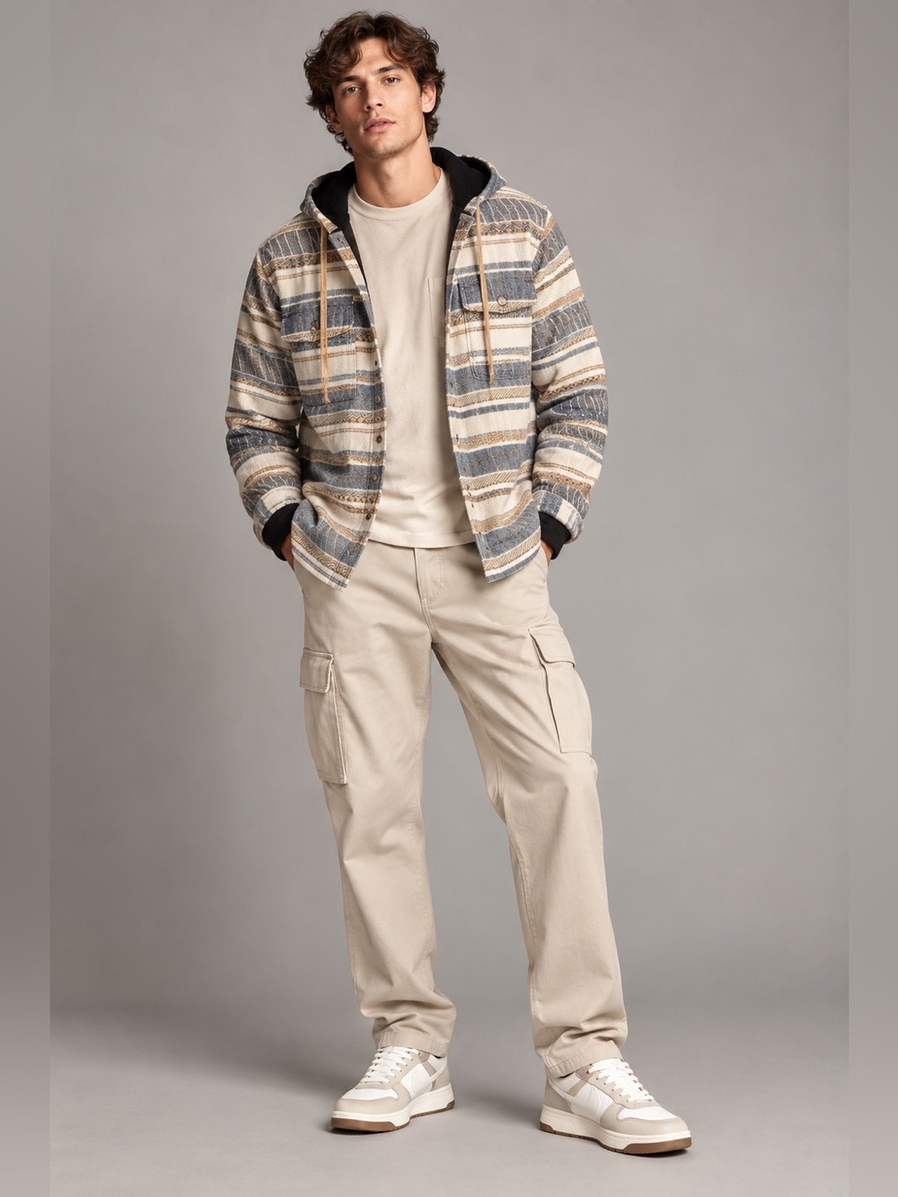 One World Brothers Baja Hoodie Shirt Jacket Men’s M Striped Cotton Button Front